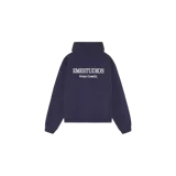 Hoodie oversized azul marino de Eme Studios con capucha, bolsillo frontal tipo canguro y estampado con el nombre de la marca y la frase 'Always Grateful' en el pecho.