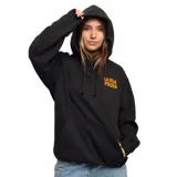 Canguro negro con capucha, bolsillo delantero y estampado naranja con el logo de La Vela Puerca. Confeccionado en algodón orgánico.