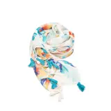 Pashmina de viscosa liviana con estampado floral multicolor y terminaciones con flecos.
