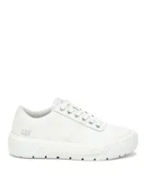 Sneakers de lona blanca para mujer con plataforma, cordones y suela dentada. Cuentan con el logo de la marca en plateado en el lateral.