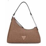Cartera de hombro Guess modelo Eileen, con diseño asimétrico y estampado monograma de la marca en tonos marrones. Presenta un asa combinada de cuero sintético y cadena metálica, con cierre superior y logo triangular metálico en el frente.
