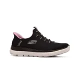 Championes deportivos Skechers Hands Free Slip-ins Summits Dream Chaser, color negro con detalles en rosa. Capellada de malla de ingeniería con cordones elásticos fijos, plantilla acolchada Skechers Air-Cooled Memory Foam y suela exterior flexible con tracción.