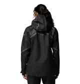 Campera impermeable de mujer Columbia modelo Whistler Peak Shell OutDry, en color negro con detalles reflectantes y costuras selladas. Cuenta con capucha ajustable, cremalleras frontales y laterales de poliuretano, y aberturas de ventilación.