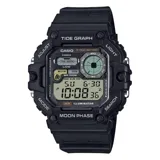 Reloj digital Casio con caja de resina negra, esfera digital con gráfico de mareas y fases de la luna, cronómetro, temporizador, hora dual, 3 alarmas y calendario automático.