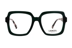 Armazón de lentes Lancel modelo 90087, de diseño cuadrado y gran tamaño en color verde oscuro. Las patillas presentan un patrón jaspeado en tonos marrones y beige.