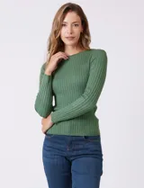 Buzo de tejido acanalado, con cuello redondo y mangas largas, de calce ajustado al cuerpo.