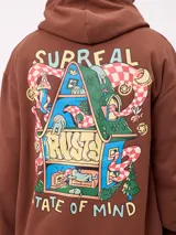 Canguro marrón con capucha y bolsillo frontal, con un diseño gráfico colorido en la espalda que representa una casa surrealista con el texto 'Supreal State of Mind'.