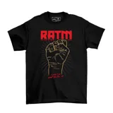 Remera negra de algodón con estampa frontal gráfica que incluye el logo RATM, un puño cerrado y la frase 'I won't do what you tell me'.
