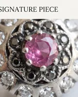 Anillo de plata 925 con piedra natural de raíz de rubí en el centro, rodeada por circonias cúbicas y detalles oscurecidos.