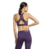 Top deportivo Adidas Powerreact de sujeción media, color violeta con logo de la marca estampado en negro en el frente. Presenta espalda estilo nadador con panel de malla para mayor ventilación y banda elástica inferior.