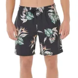 Short de baño Rip Curl color negro con estampado floral tropical en tonos verdes, blancos y rosados, cintura elástica con cordón ajustable y logo de la marca en el lateral.