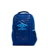 Mochila Umbro modelo Komo, color azul marino con diseño estampado abstracto y logo en celeste. Cuenta con bolsillos laterales de red y asa superior.