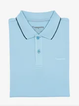 Remera tipo polo negra de algodón, con cuello y borde de mangas con línea blanca.