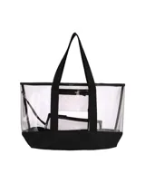 Bolso tipo tote transparente con base y asas en color negro. Presenta un diseño amplio con compartimento principal abierto y un bolsillo interior con cierre.