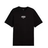 Remera de algodón negra de corte relajado, con cuello redondo y estampa gráfica pequeña en el centro del pecho con el logo de la marca.