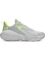 Championes Under Armour Lockdown 8, color gris con detalles en verde fluo. Parte superior de malla transpirable con superposiciones de cuero, entresuela de EVA y suela exterior de caucho macizo.