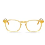 Lentes de lectura con armazón de acetato en color amarillo traslúcido, diseño de forma redondeada y estilo clásico.