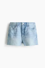 Short de cinco bolsillos en denim de algodón rígido, con tiro alto y bajo deshilachado.