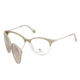 Armazón óptico Teresa Calandra modelo Anita, de diseño cat-eye con formato bicolor en tonos salmón y transparente, equipado con un sistema clip-on de lentes solares imantadas.