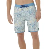 Short de baño Rip Curl Mirage Spirograph con estampado de mandalas en tonos celeste, azul y amarillo.