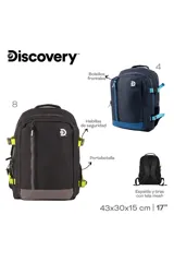 Mochila de color azul marino con detalles en azul claro vibrante, incluyendo cierres, correas ajustables y base. Presenta un compartimento principal y un bolsillo frontal con cierre vertical. Incluye el logo de Discovery en el frente.