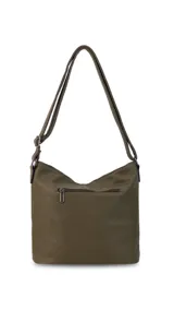 Cartera bandolera color marrón con detalles en gamuza. Tiene correa regulable, cierre metálico frontal y trasero, y división interna.