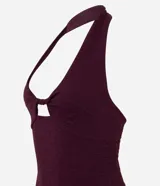 Vestido midi de corte ajustado con diseño frente única, detalle de nudo y recorte en el busto. Confeccionado en tejido texturizado con espalda descubierta.