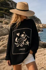 Sweater negro de algodón oversize con diseño bordado a mano en color crudo con motivo del signo zodiacal Cáncer, que incluye la figura de un cangrejo, un corazón, una estrella y la constelación.