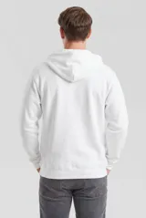 Campera deportiva unisex con capucha, cierre frontal completo y bolsillos tipo canguro. Presenta puños y ruedo acanalados, con cordones ajustables en la capucha.