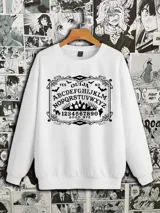Buzo blanco de cuello redondo y mangas largas con estampado de tablero de ouija en el frente. Incluye las palabras 'YES', 'NO' y 'GOOD BYE', el alfabeto, números y motivos de murciélagos y fantasmas.