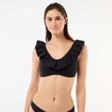 Top de bikini negro de microfibra suave, con escote redondo y volantes decorativos en los tirantes y el frente.