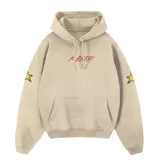 Canguro beige con capucha y bolsillo frontal tipo canguro. Presenta un diseño gráfico pixelado en color rojo en el centro del pecho y estrellas amarillas pixeladas en ambas mangas.