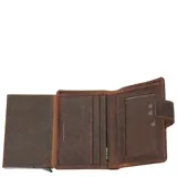 Billetera vertical de cuero marrón oscuro con efecto envejecido y costuras contrastantes en color beige. Posee un cierre de solapa con broche en el lateral derecho.