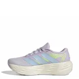 Championes Adidas Galaxy 8 W para mujer, de color lila con detalles en verde lima y gris claro, confeccionados en malla transpirable con suela gruesa amortiguada.