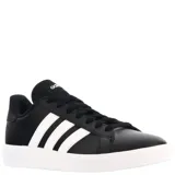 Championes urbanos Adidas Grand Court Base 2.0, color negro con las icónicas tres tiras laterales en blanco y suela de goma blanca. Diseño clásico de inspiración tenística con cierre de cordones.