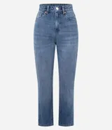 Pantalón de jean corte recto cropped con cintura alta, cierre frontal con cremallera y botón, y bolsillos funcionales. Confeccionado en algodón certificado.