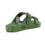 Sandalias tipo Birkenstock de la marca Quiksilver, color verde oliva, con doble tira ajustable con hebillas y logo de la marca grabado en el lateral.
