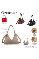 Cartera de hombro Las Oreiro en color negro, con diseño estructurado de base curva y tachas metálicas decorativas en los bordes. Incluye una correa ajustable y un aplique metálico con forma de labios en la parte frontal.