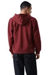 Buzo con cierre frontal completo y capucha, color bordó, con logo bordado en el pecho y bolsillos tipo canguro.
