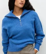 Suéter de punto azul con cuello alto y cierre frontal de cremallera metálica. Presenta textura de líneas verticales, corte regular, mangas largas y terminaciones acanaladas.