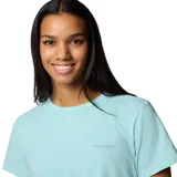 Remera de manga corta Columbia Sun Trek SS II color celeste claro, con cuello redondo y logo de la marca estampado en el pecho.