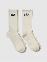 Pack de dos pares de medias de caña alta, color blanco, con tejido acanalado y logo de la marca bordado en azul marino.