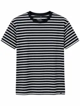 Remera de manga corta con diseño a rayas horizontales en color negro y blanco, cuello redondo y calce clásico.