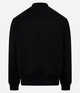 Chaqueta bomber azul marino lisa, con cierre frontal, cuello redondo y bolsillos laterales.