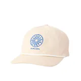 Gorra de visera curva Rip Curl color beige, con detalle de cordón blanco en la unión de la visera y bordado frontal en azul con la marca y un diseño circular.
