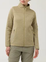 Campera polar de cuello alto y cierre frontal completo RKF modelo Nevada, color verde melange, con bolsillos laterales y un bolsillo con cierre en la manga izquierda.