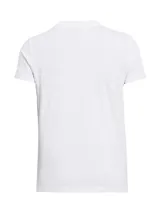 Remera de cuello redondo y manga corta, confeccionada en tejido de mezcla de algodón, poliéster y elastano. Presenta un diseño liso en color blanco con un pequeño logo de la marca estampado en el centro del pecho.