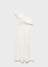 Vestido midi de algodón con diseño asimétrico de un solo hombro, decorado con un volante. Presenta aberturas laterales tipo cut-out en la cintura y una falda evasé con bolsillos laterales.