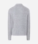 Suéter de punto texturizado color gris claro, con cuello polo y cierre frontal de botones. Presenta mangas largas con puños ajustados y un diseño de corte clásico.