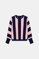 Sweater de punto con diseño de rayas verticales anchas en color azul marino y rosado, cuello redondo y mangas largas con puños ajustados.